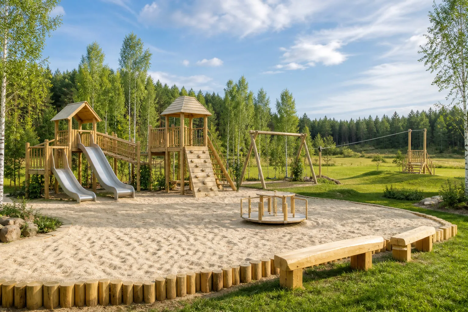 Drewniany plac zabaw z zjeżdżalniami, huśtawkami i piaskownicą z morskim piaskiem